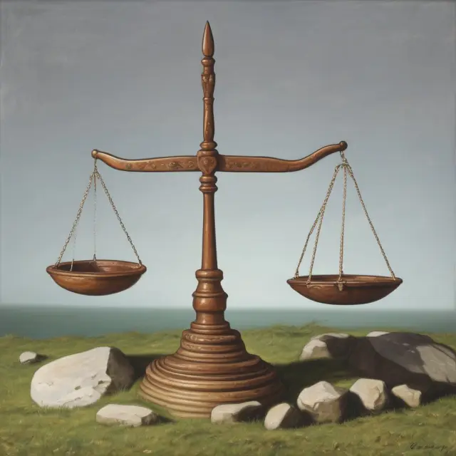 An artistically balanced scale with one pan symbolizing investment returns (gold coins) and the other representing risk (fire). Jensen