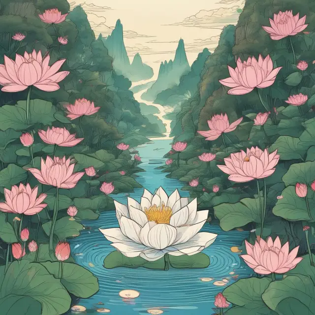 Lotus flower representing Alpha, blooming in a pond with market index return (Rm), realized return (Ri), beta (B), and risk-free rate of return (Rf) as surrounding elements