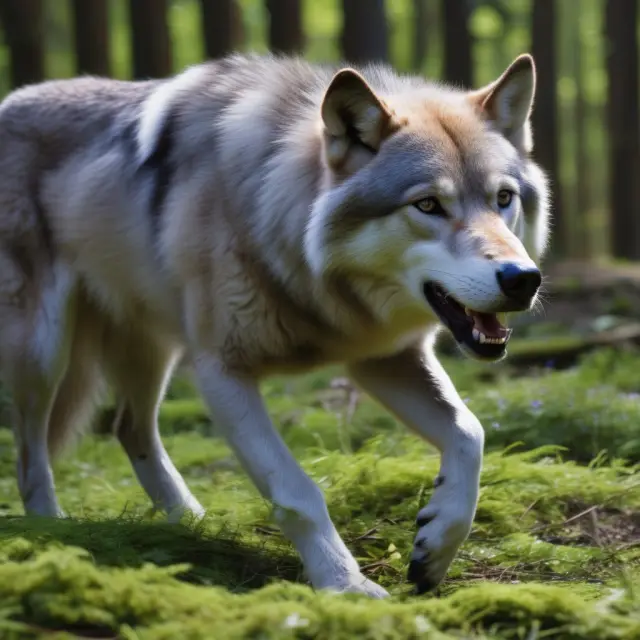 An alpha wolf surpassing a pack of market index representatives, symbolizing superior performance