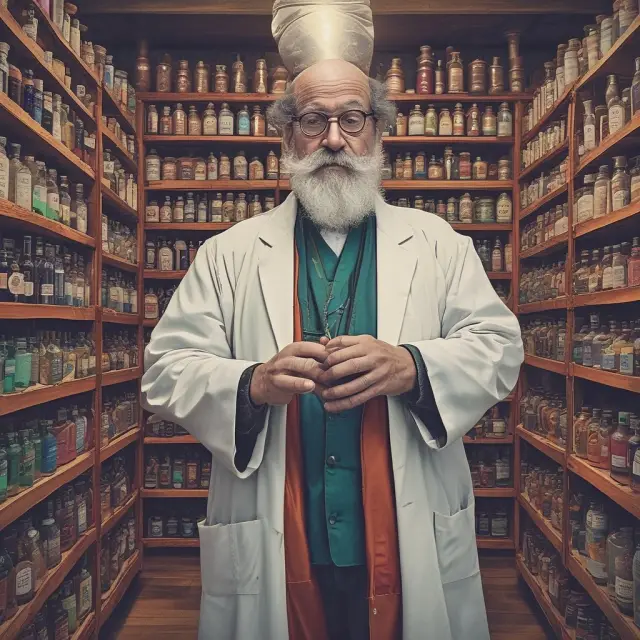 An economist with a mortar and pestle, symbolizing transformation, creating an optimal retail landscape.