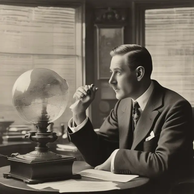 Trader Jesse Livermore examining historical stock charts and using a crystal ball to predict the market crash of 1929.