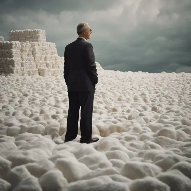 A bearish Jesse Livermore in a turbulent room filled with cotton bales and reflecting on personal loss.