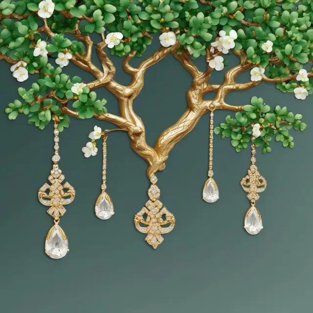 A jade tree adorned with gold pendants and diamond earrings in place of leaves, symbolizing the difference between standard home insurance coverage and a specialized jewelry floater.