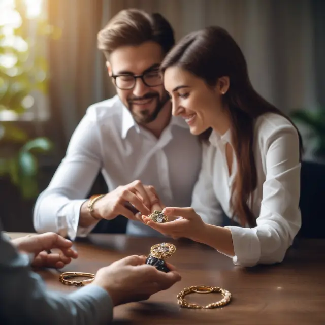 An expert appraiser hands over a glistening jewelry piece to an insurance floater, conveying reassurance and accurate valuation