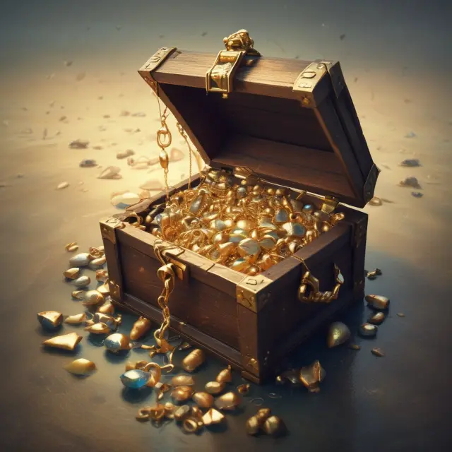 Golden jewelry in a treasure chest, floating ring providing additional coverage