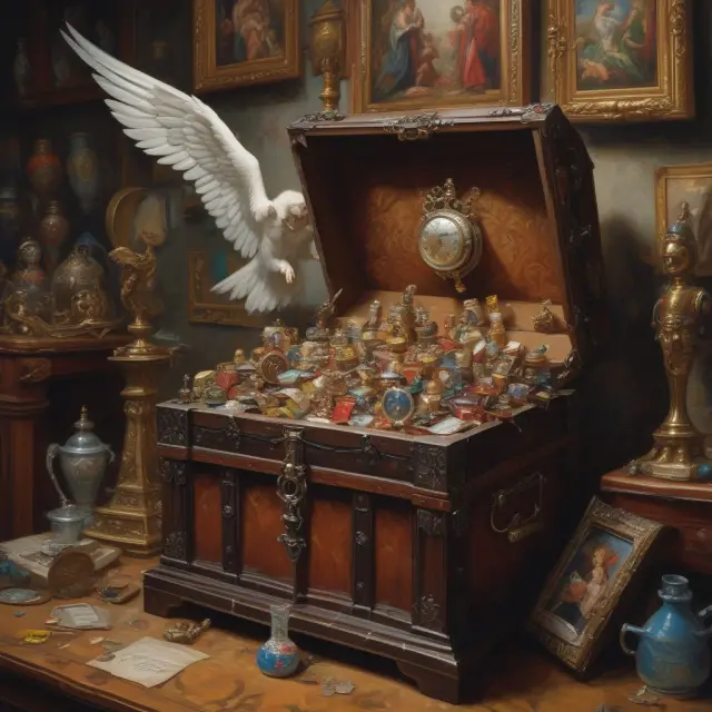 Protective angel safeguarding a treasure chest filled with fine art, high-end watches, and rare collectibles