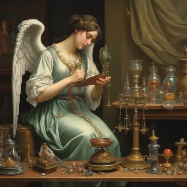 Jewelry collector and angel assessing valuable gems under insurance coverage.