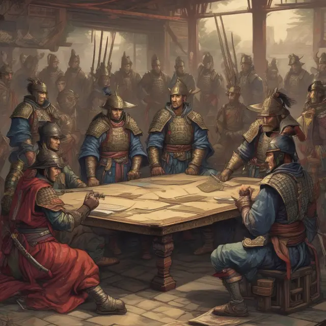 Samurais representing different JGB types: General, FILP, Reconstruction, and Refunding bonds are gathered at a table.