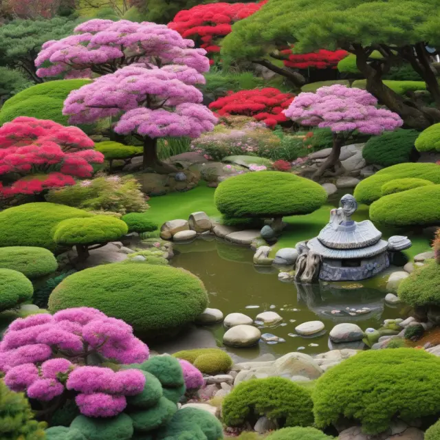 A tranquil Japanese garden filled with JGB flowers representing diverse maturities and fruiting semi-annually, symbolizing regular coupon payments