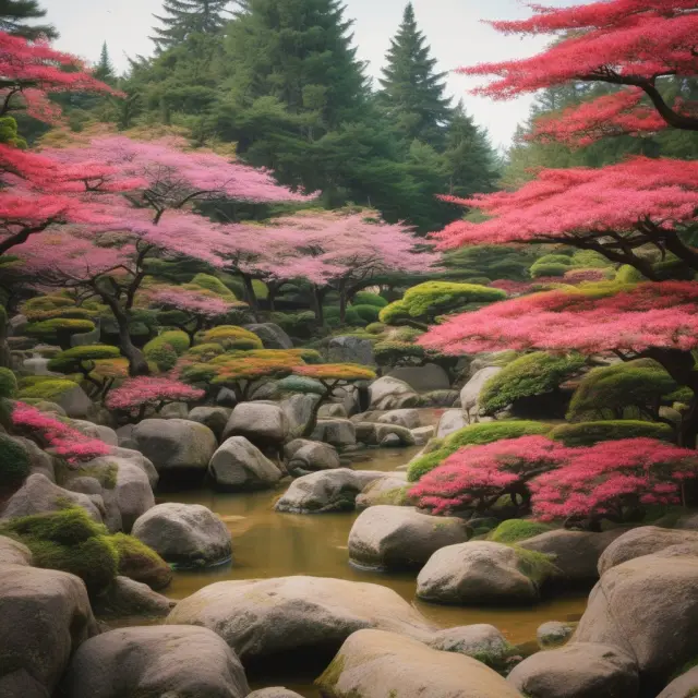 An image of a tranquil Japanese garden with various blooming flowers representing domestic and international investors demanding Japanese Government Bonds.