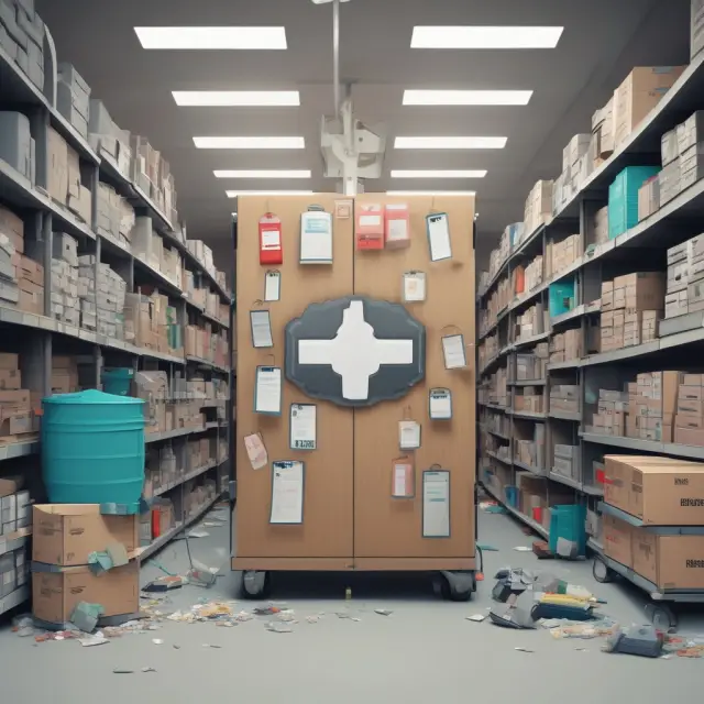 A large, protective shield filled with medical supplies symbolizes the necessity of JIC inventory management in critical industries