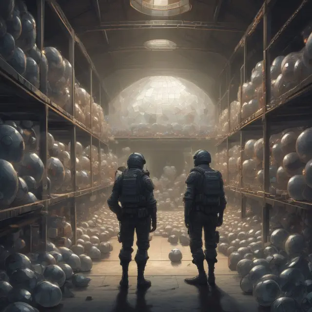 Warehouse with soldiers guarding stockpiles under crystal balls, symbolizing JIC inventory management