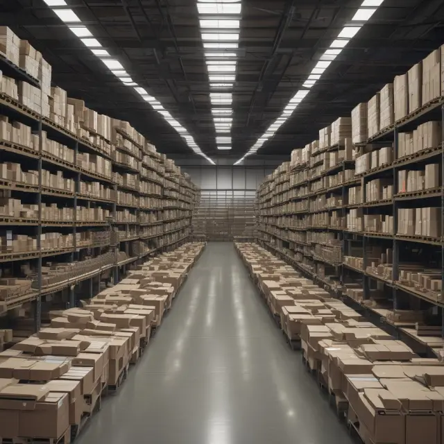 An image contrasting vast military warehouse inventories with an efficient, minimalistic production line to represent Just in Case vs Just-in-Time inventory management