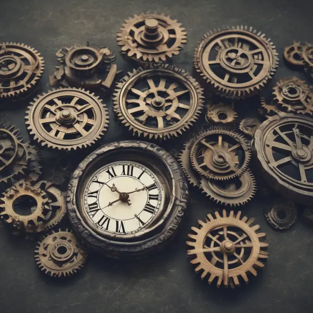 Clock gears representing JIC and lean inventory management, with differing stockpile sizes to illustrate their contrasting approaches