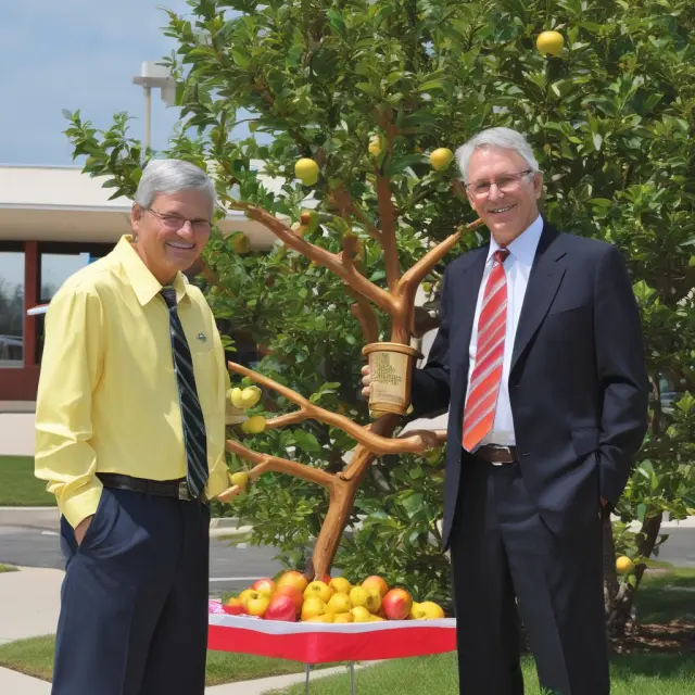 Golden apple branch presented to Jim Walton, signifying his career progression from Walmart to Arvest Bank Group.