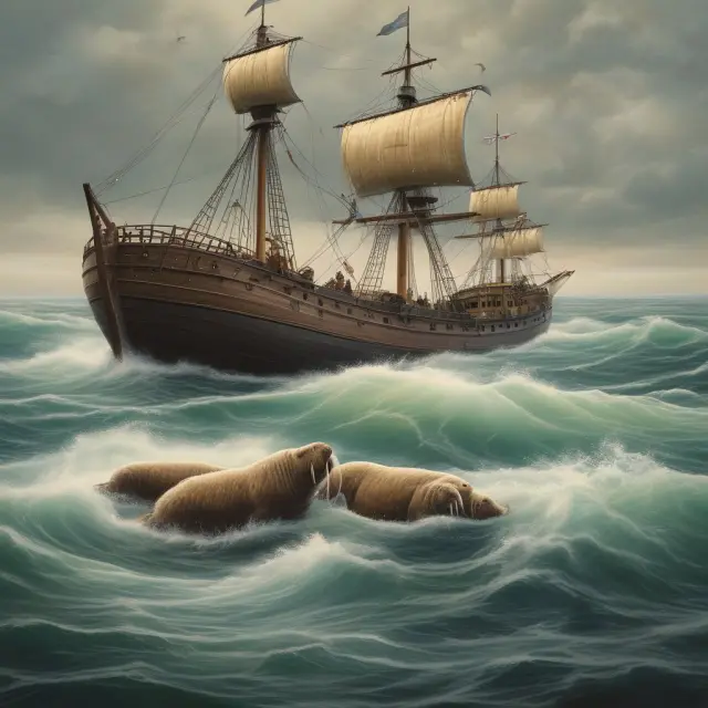 A walrus representing Jim Walton leading his family members as walruses on either side and a ship in the background, symbolizing business leadership across generations