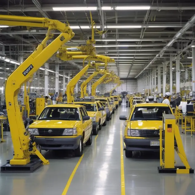 Golden car assembly line receiving JIT components.