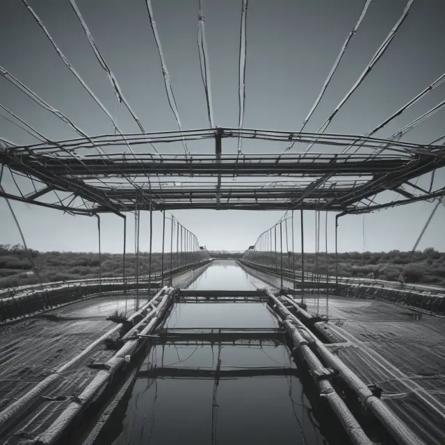 Vulnerable JIT inventory system represented as a glass bridge on shaky supply chain foundations. Potential risks include supply disruptions or demand surges.
