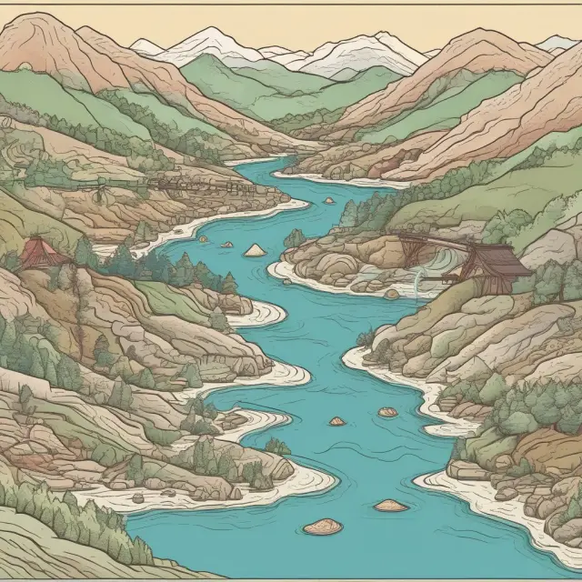 A serene river represents the smooth flow of a Just-in-Time system, with Toyota Production System islands and Kanban cards as gentle rapids