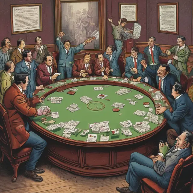 Two firms colluding at a circular trading table, engaging in jitney games with stock tickers and inflated transaction volumes