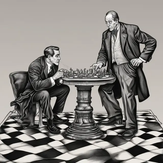 Brokers engaging in jitney practices shown as a manipulative chess game, misleading investors with deceitful trading schemes.