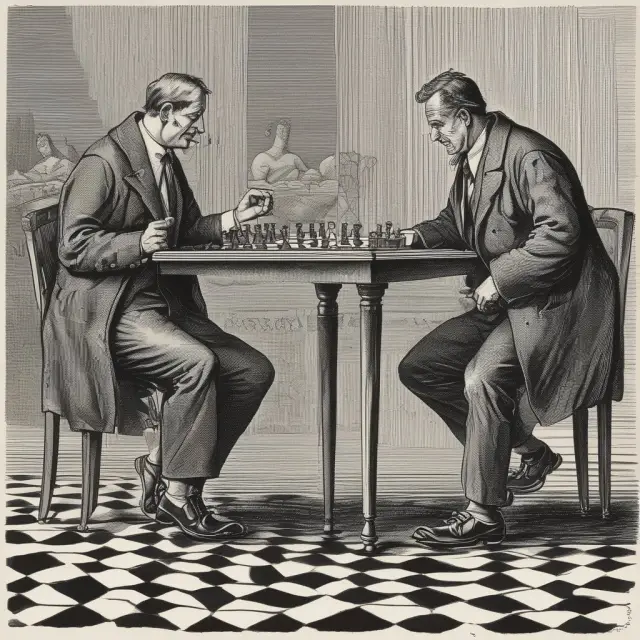Two brokers in suits playing chess - one appears trustworthy while the other wears a cloak and mask, illustrating the hidden risks of jitney practices.