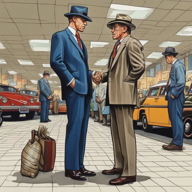 Brokers exchanging hats in a deceitful financial transaction, representing jitney schemes