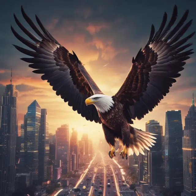 Jitter technology symbolized as a protective eagle overlooking a shifting financial landscape, with card skimmers as dynamic adversaries beneath.