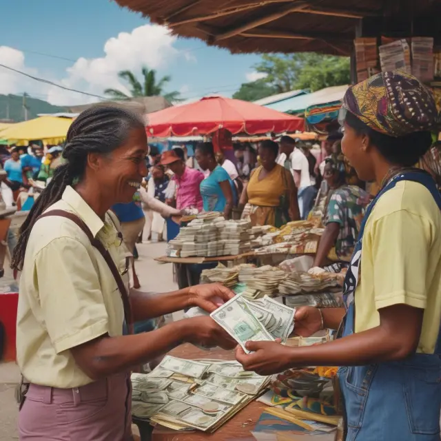 Man offering JMD and USD to a Jamaican vendor in a bustling marketplace setting. Relevant for understanding currency exchange in popular tourist areas.