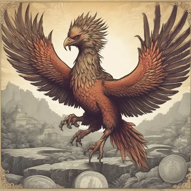 The Bank of Jamaica (BOJ) as a mythical phoenix rising above piles of colonial currency, symbolizing the transformation from British pound to the JMD.