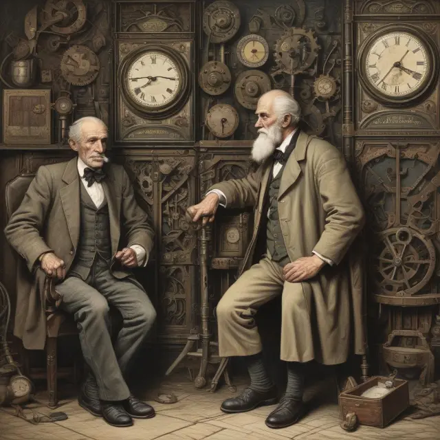 People of diverse ages, dressed as British clockwork figures, gather at a table with job listings, under the watchful eye of a wise elder