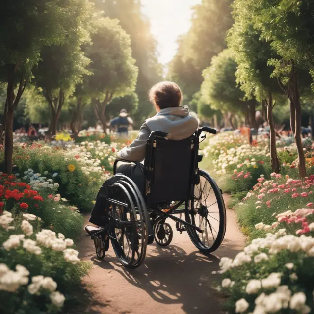 A person in a wheelchair navigating a blooming garden of opportunities, symbolizing Jobseeker