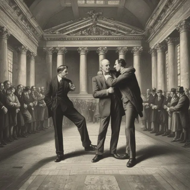 An image of two figures symbolizing jobbers and brokers interacting on an old-fashioned stock exchange floor, emphasizing the importance of their historical roles in financial markets