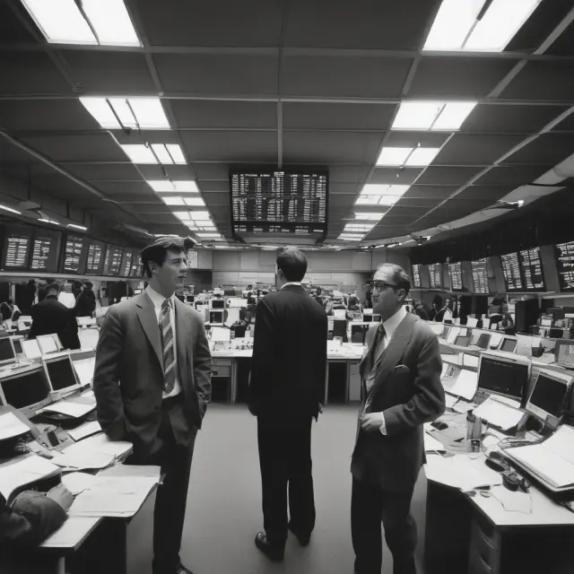 A Jobber and Broker engaged in 19th-century stock exchange activity: One holds shares for quotes, another executes trades. London Stock Exchange.