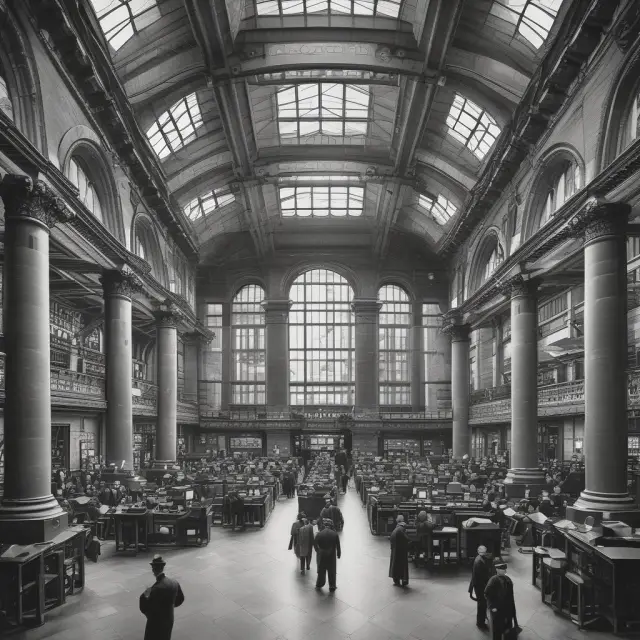 An image of a historical stock exchange floor filled with bustling jobbers, weaving liquidity through time