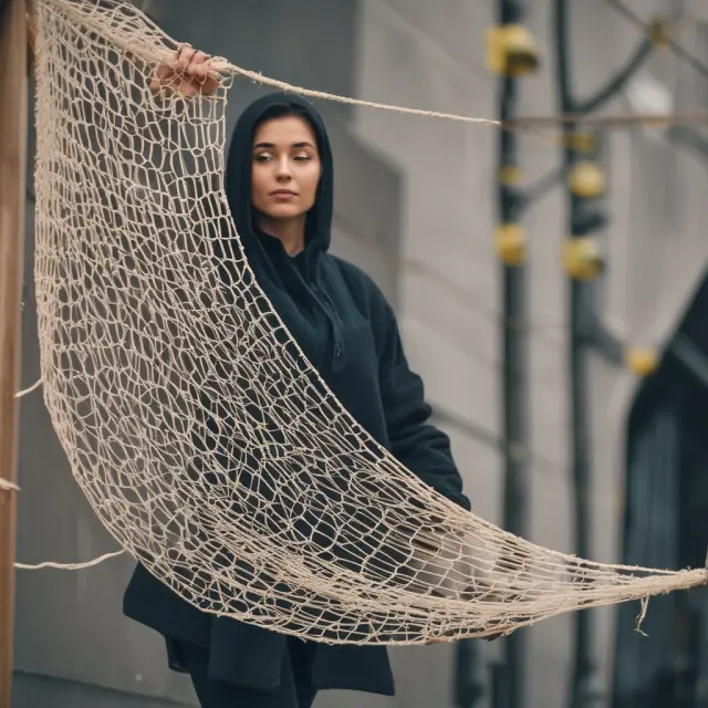 An out-of-work person constructing a safety net using strings of unemployment checks, symbolizing financial security and stability during unemployment