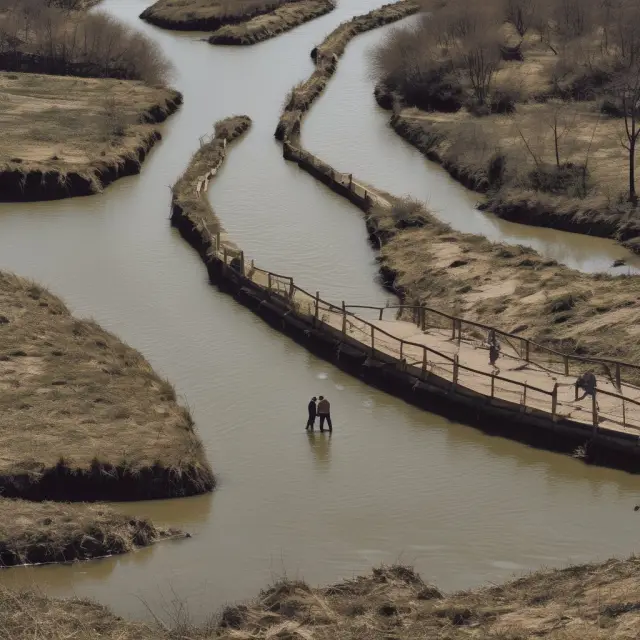 A river representing jobless claims flowing through an economic landscape populated by unemployed individuals seeking opportunities
