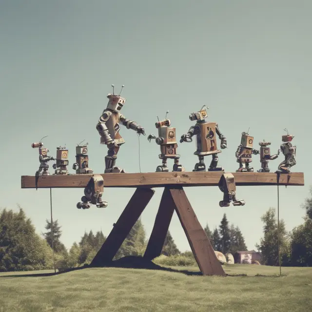 Image: Robots and workers on a seesaw symbolizing the delicate balance between employment and technology during a jobless recovery. Keywords: jobless recovery, economic growth, automation, workforce