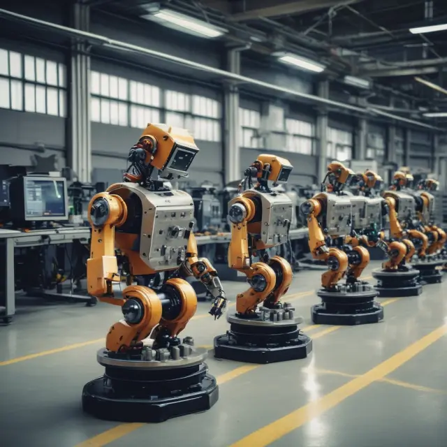 A factory with robots producing goods instead of workers during an economic recovery