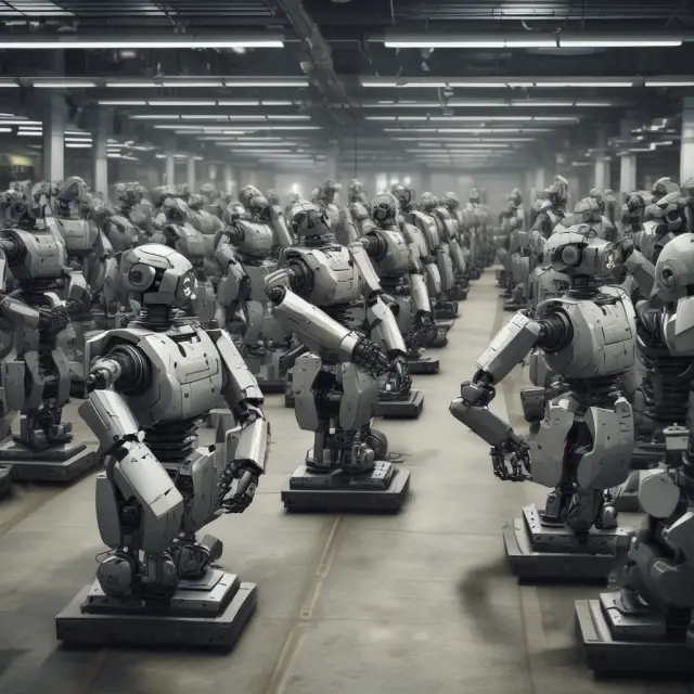 An image of robots working in place of human workers as economic recovery charts rise in the background, illustrating jobless recoveries