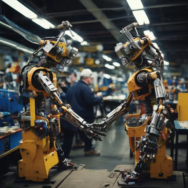 An image of a modern, automated factory floor with robots performing tasks previously done by human machinists and workers