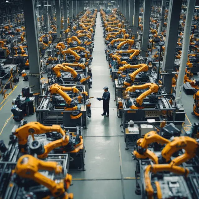 A factory scene with robots and idle workers representing the impact of jobless recoveries on labor markets