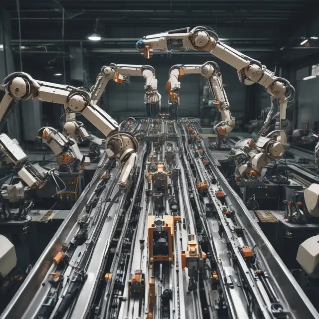 A mosaic of robot arms assembling various economic sectors on a conveyor belt, illustrating automation and adaptation in a jobless recovery