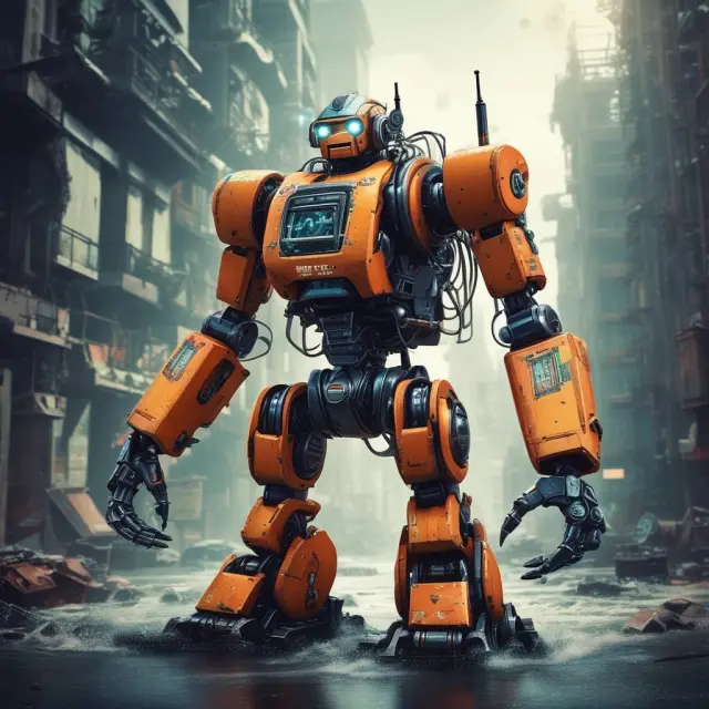 A powerful wave made up of robots and offshore workers crashes over a sandy beach representing traditional employment, illustrating the impact of automation and outsourcing on jobless recoveries
