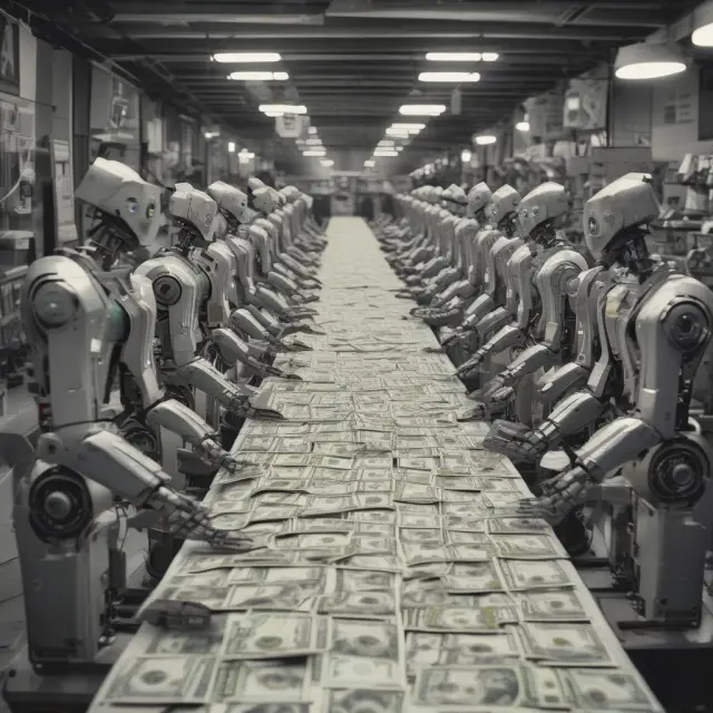 An industrial scene with robots assembling products while dollar bills wilt, reflecting jobless recovery