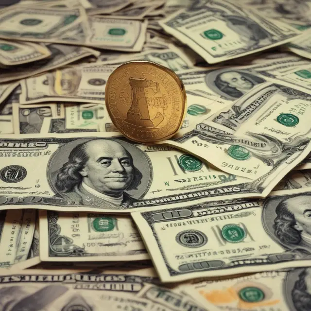 A golden Jordanian dinar coin sitting triumphantly on a stack of US dollars, illustrating the currency
