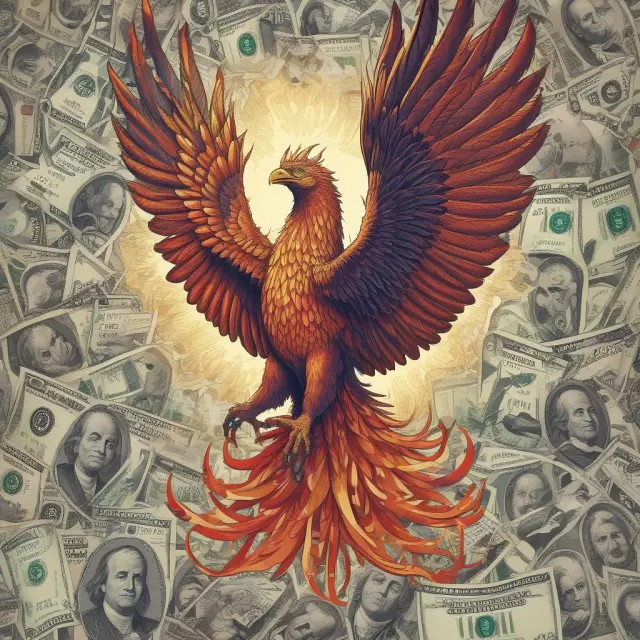 A mythical phoenix representing the US dollar, soaring above a sea of global currencies, symbolizing the dollar