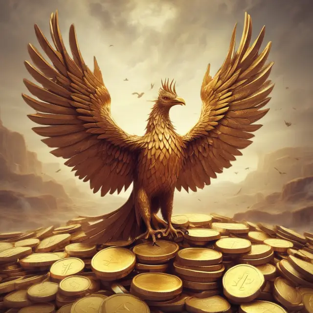 An image of a mythical phoenix, a symbol of resurrection and rebirth, emerging from a mound of golden coins representing the resilient Jordanian Dinar.
