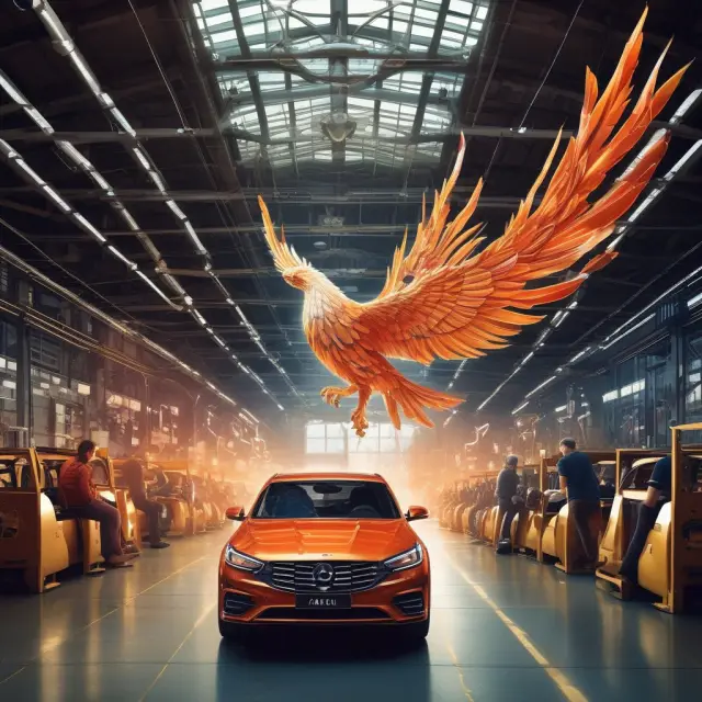 Majestic multilingual phoenix flying over a modernizing car manufacturing plant, symbolizing John Elkann