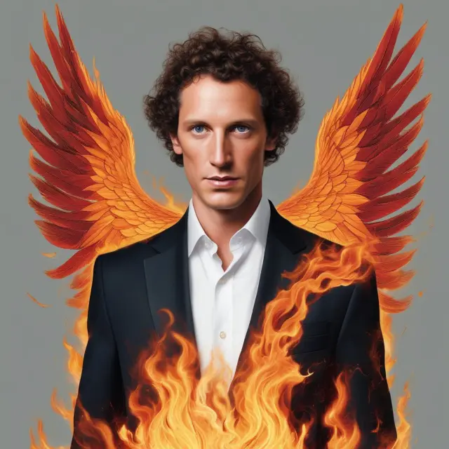 John Elkann depicted as a mythical phoenix, symbolizing his net worth and business success, overcoming adversity with resilience.